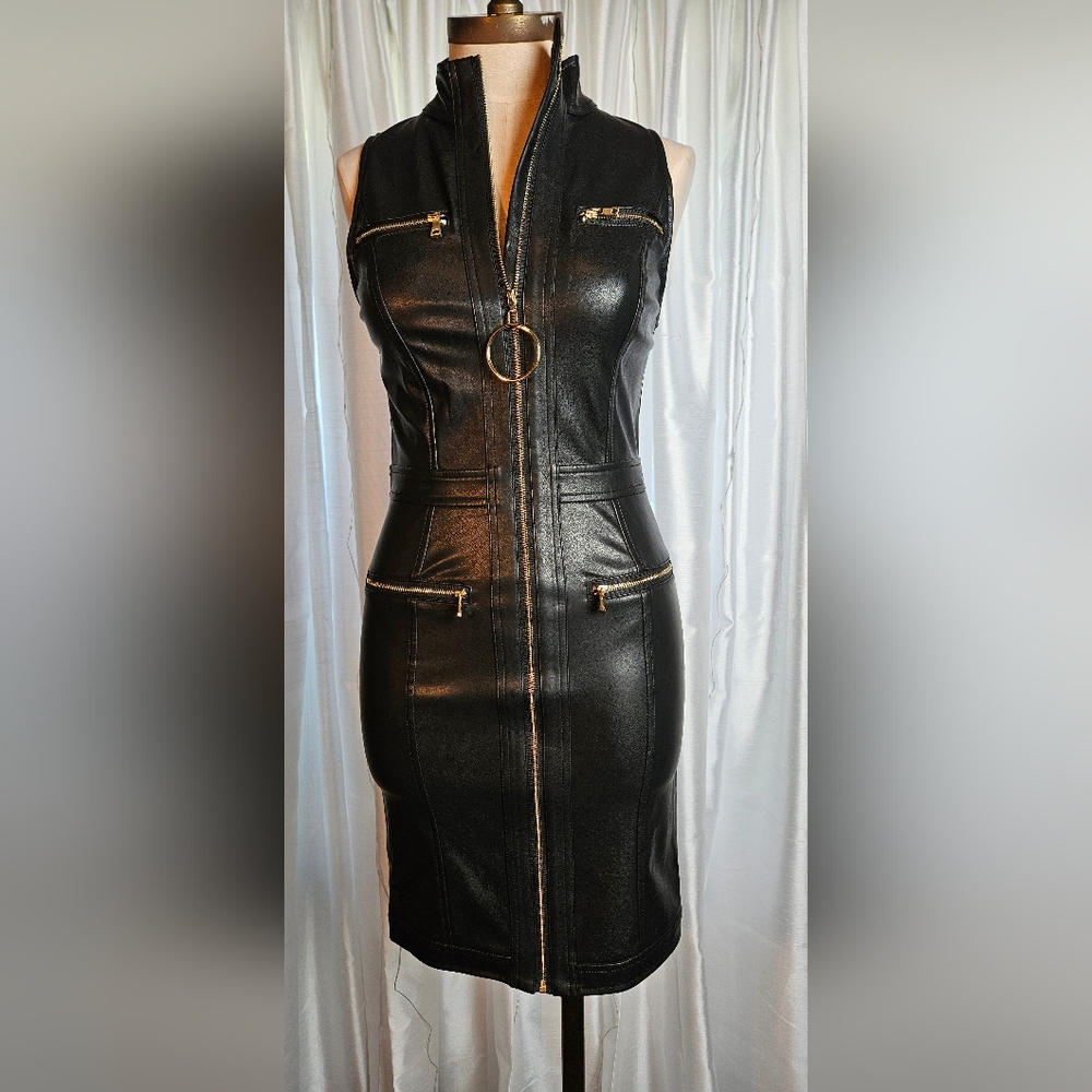 Celebrity by Hera Collection Faux Leather Sheath Black Dress